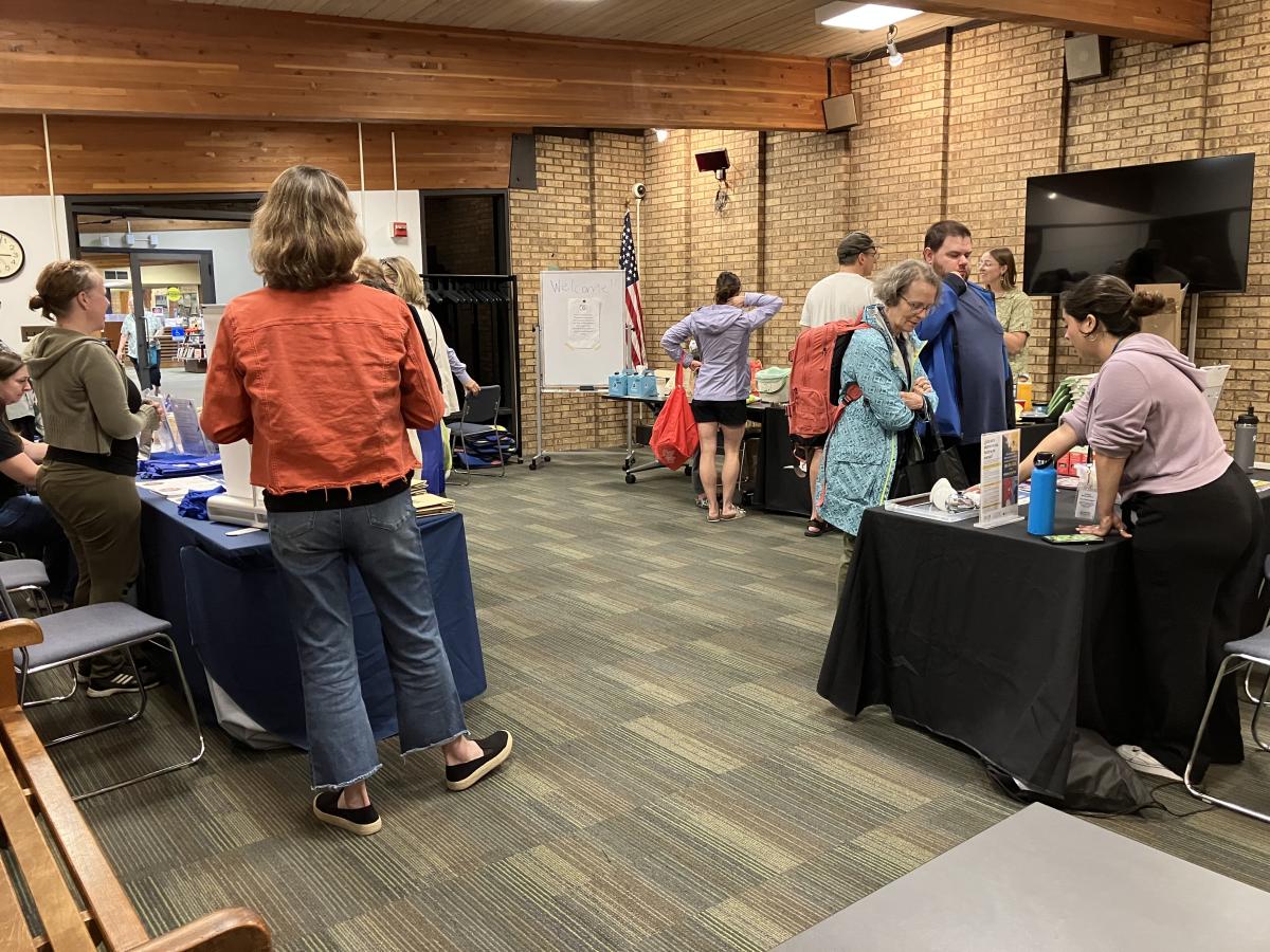 People gathering in library