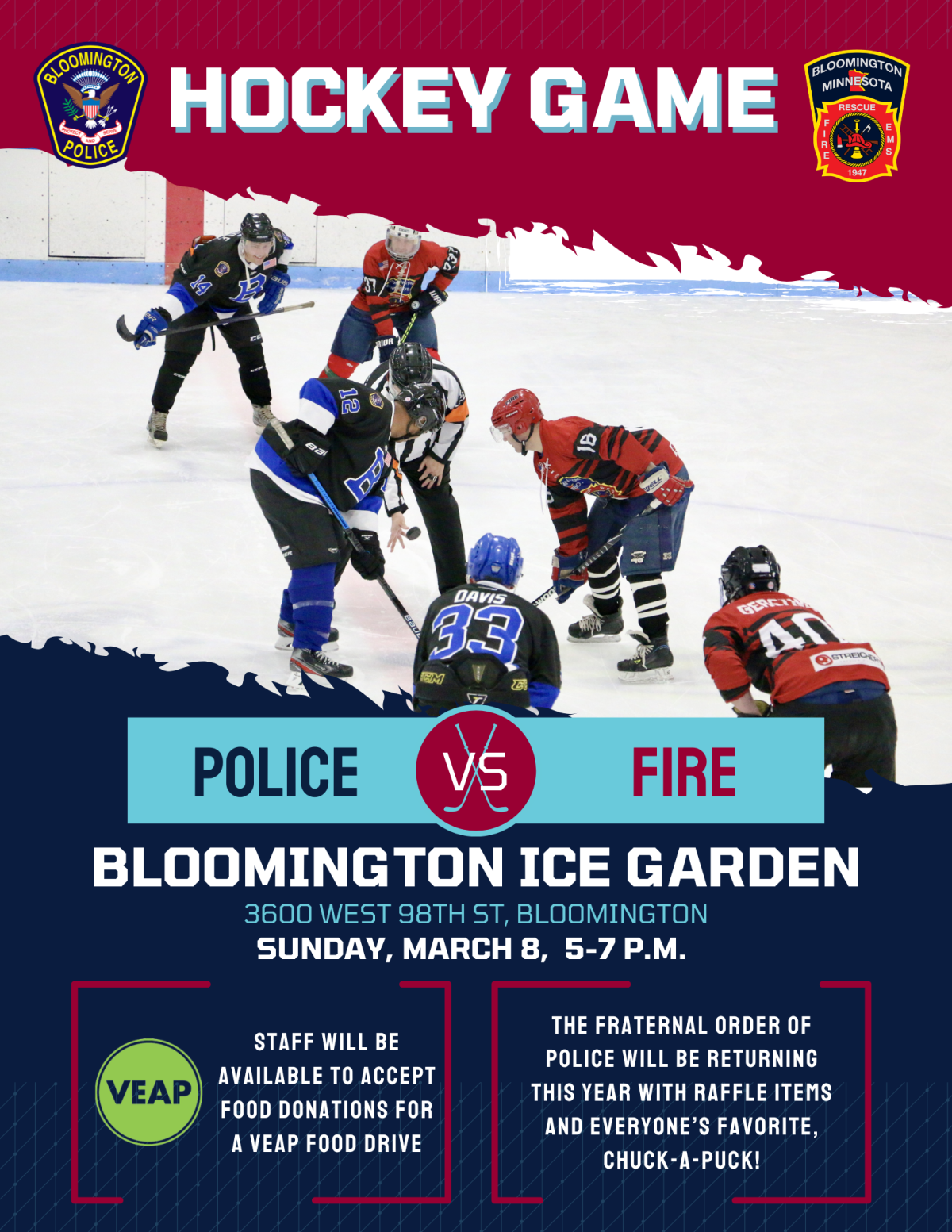 Hockey game flyer; image of police vs fire on ice