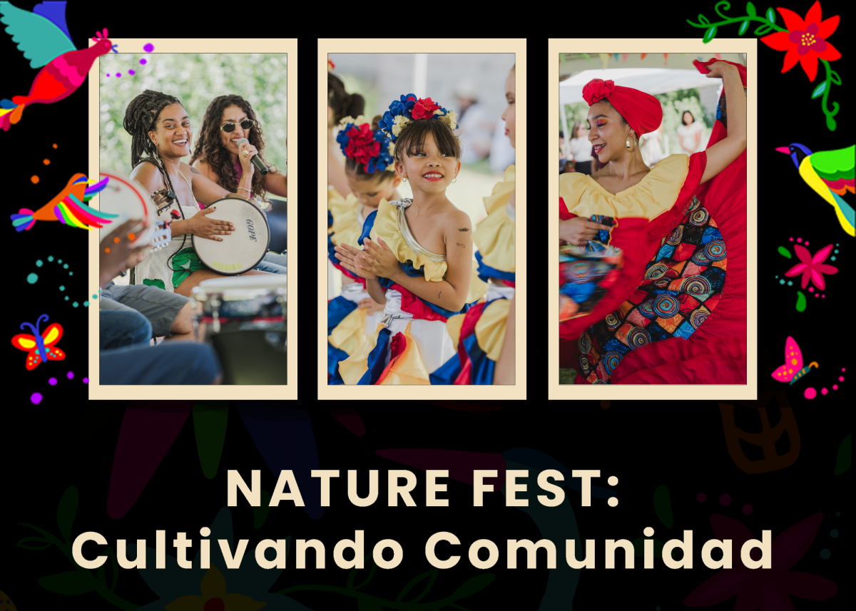 Nature Fest: Cultivando Comunidad. Images of people playing instruments, singing, and dancing.