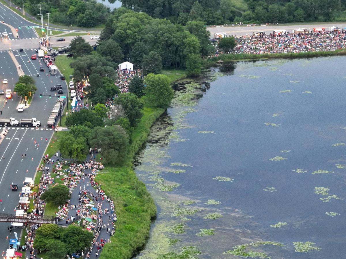 Drone image of crowd and amenities along 84th and Normandale at Summer Fete 2025
