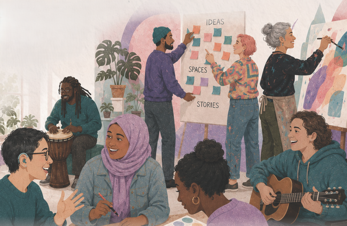 Several people together creating, discussing, and chatting.