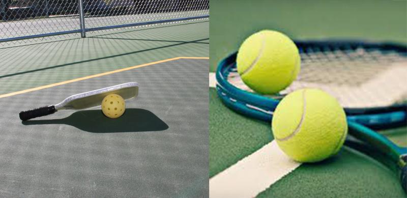 Dual photo with pickleball paddle and ball on left and tennis racket and balls on right