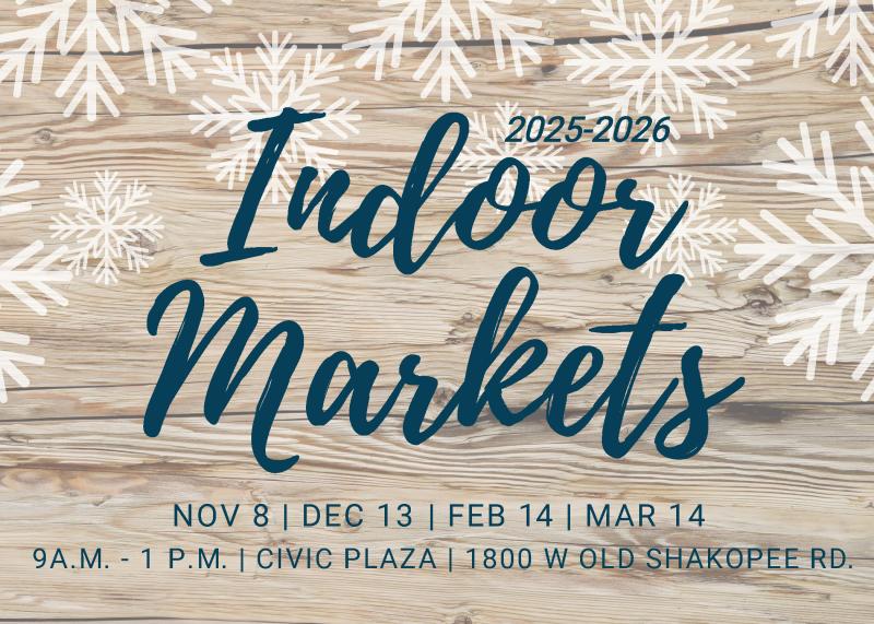 Graphic showing 2025-2026 indoor farmers market dates November 8, December 13, February 14, March 14