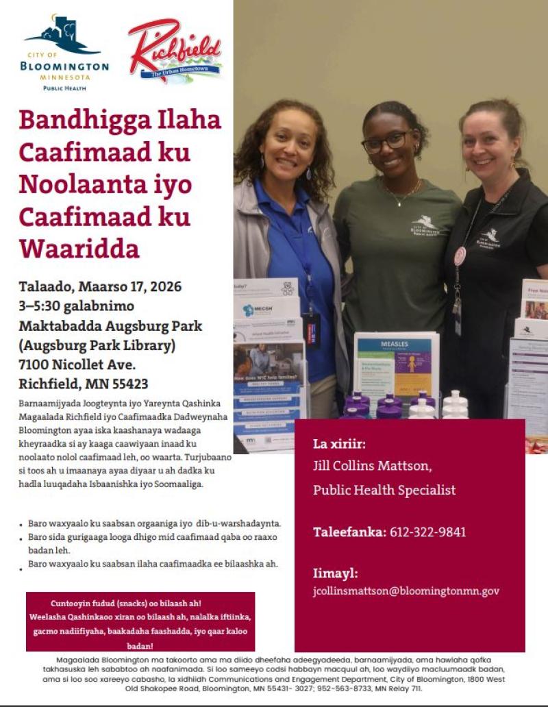 This is a flyer promoting the Healthy Living and Sustainability Resource Fair happening on March 17, 2026 from 3pm-5:30pm at the Augsburg Park Library. There is an image of three women standing behind a resource table smiling.