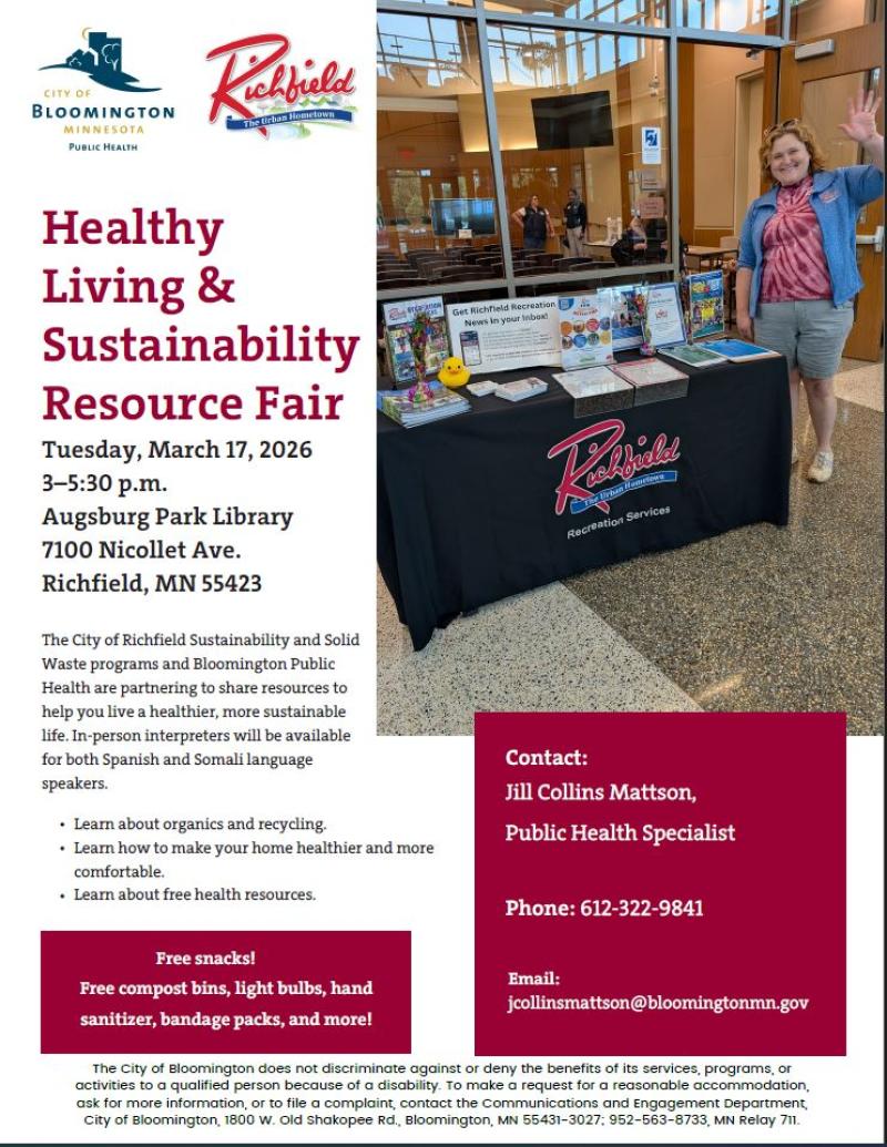 This is a flyer promoting the Healthy Living and Sustainability Resource Fair happening on March 17, 2026 from 3pm-5:30pm at the Augsburg Park Library. There is an image of a woman standing next to a resource table with City of Richfield Recreation Services