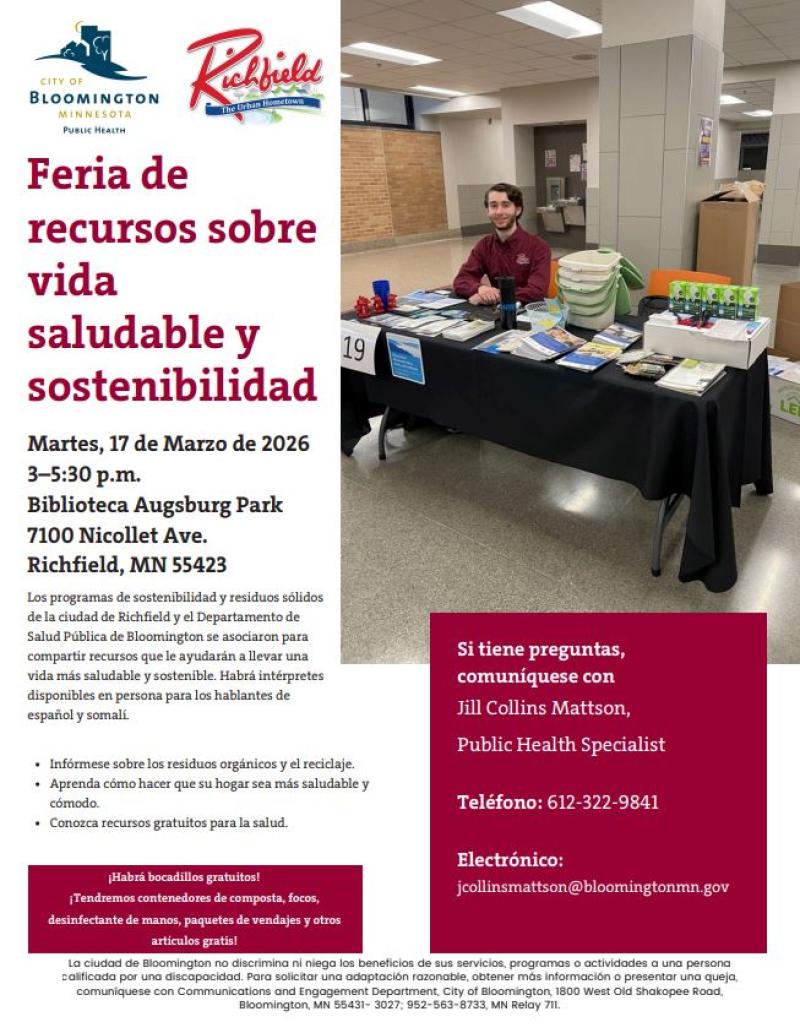 This is a flyer promoting the Healthy Living and Sustainability Resource Fair happening on March 17, 2026 from 3pm-5:30pm at the Augsburg Park Library. There is an image of a man sitting behind a resource table. He is smiling.