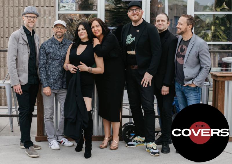 Band photo of The Covers with record album-shaped logo