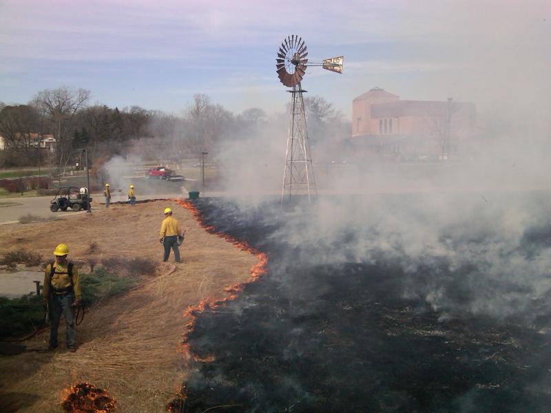 Crews manage a controlled fire to burn a native prairie restoration at the Bloomington water treatment plant. 
