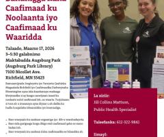 This is a flyer promoting the Healthy Living and Sustainability Resource Fair happening on March 17, 2026 from 3pm-5:30pm at the Augsburg Park Library. There is an image of three women standing behind a resource table smiling.