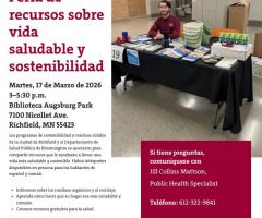This is a flyer promoting the Healthy Living and Sustainability Resource Fair happening on March 17, 2026 from 3pm-5:30pm at the Augsburg Park Library. There is an image of a man sitting behind a resource table. He is smiling.