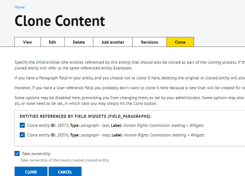 Clone confirmation page