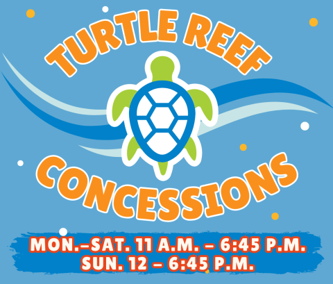 Turtle Reef Concessions main brand menu board with turtle and 2025 season with hours of operation