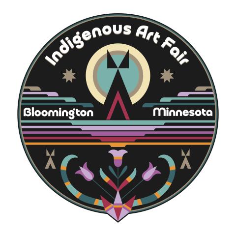 Indigenous Art Fair graphic, circular black with colorful pattern