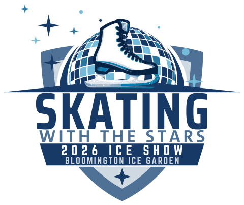 Skating with the Stars 2026 Bloomington Ice Garden Ice Show logo in shades of blue with mirror ball, skate, and sparkling stars