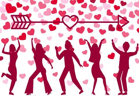 Silhouettes of people dancing under a shower of red and pink hearts and a large Cupid's arrow