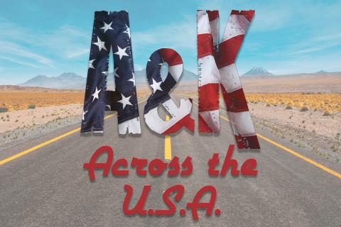 USA Flag themed A&K with red Across the USA below it, set over the top of an image of a long straight highway in the desert