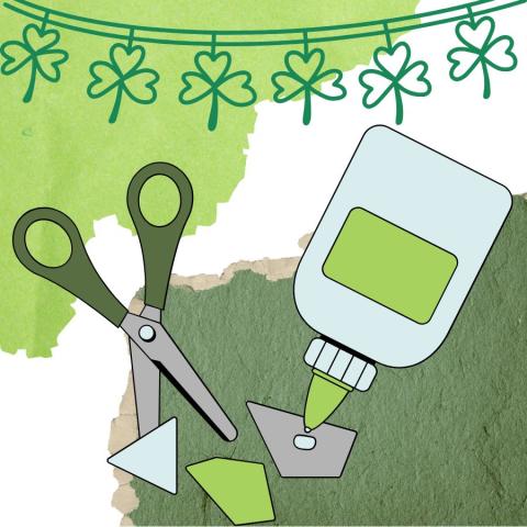 Collage of scissors, glue and other crafting supplies in shades of green with shamrocks overhead for St. Patrick's Day