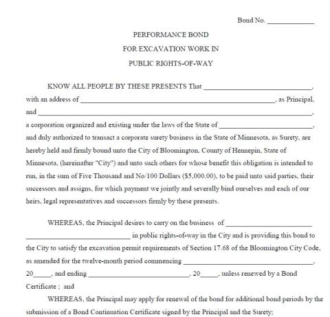 Image of the City of Bloomington's Performance Bond for Excavation Work in the Public Rights-of-Way