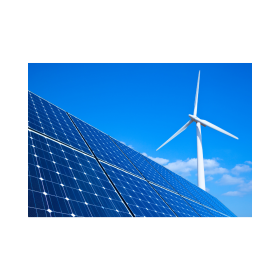 Solar panel and wind turbine in front of blue sky