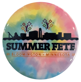 Summer Fete 2023 tie-dyed button with logo