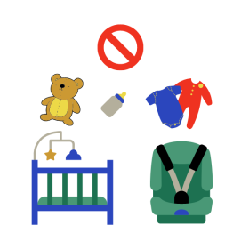 crib, car seat, clothes, and stuffed animal clipart