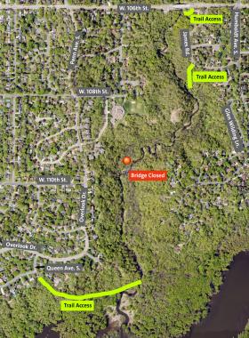 Map showing bridge closure along Nine Mile Creek with trail access points from James Road, 106th St. and Queen Avenue
