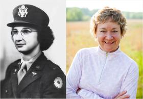 Dual photo of Nancy Munro in military uniform in black and white on left and author-daughter Peggy Munro Scholberg in color on right.