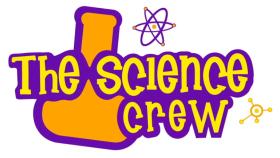 The Science Crew logo featuring orange beaker and purple atom design