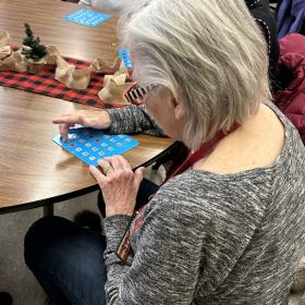 Senior woman shown from behind concentrating on a bingo card at a table