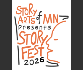 Orange and black State of Minnesota outline with Story Arts of MN presents StoryFest 2026 written inside of it