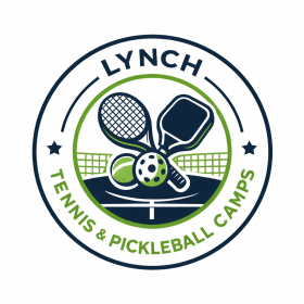 Round logo for Lynch Tennis and Pickleball Camps with tennis and pickleball rackets and a net in the middle.