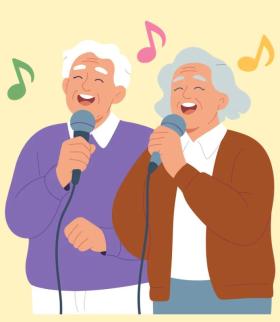 Graphic of two older adults singing into microphones with floating music notes