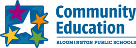 Bloomington Community Education logo with multi-colored stars in horizontal orientation